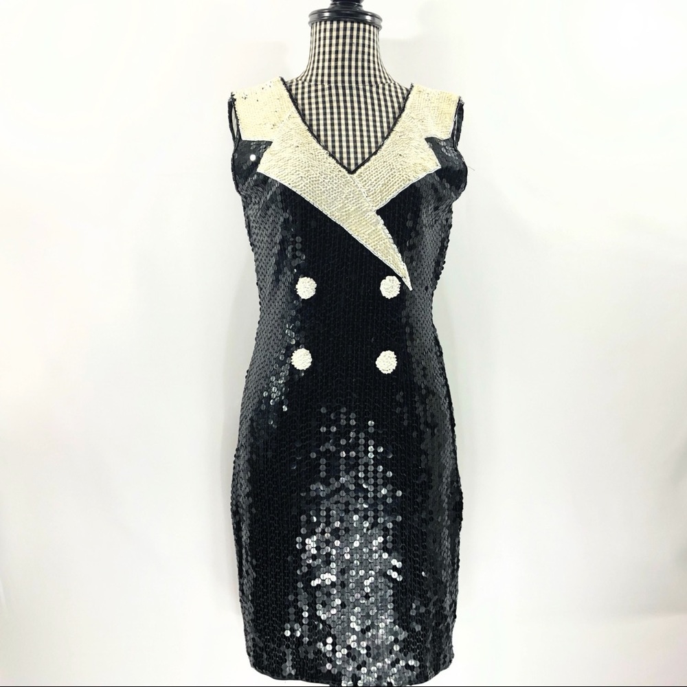 Vtg Sequin Sleeveless Tuxedo Dress